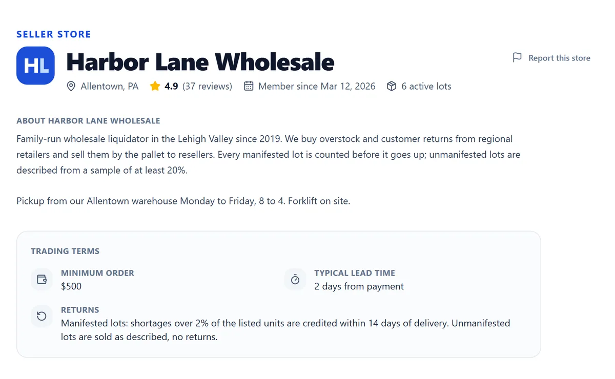 A seller's store page on ZipToSale: logo, store name, rating, About text and trading terms